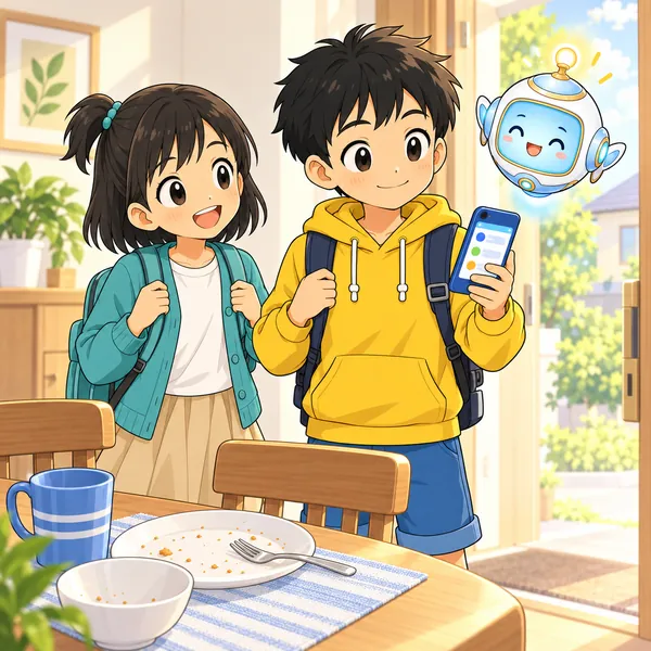 次の朝。ハルが朝ごはんをしっかり食べて、家を出る前にスマホを見ている
