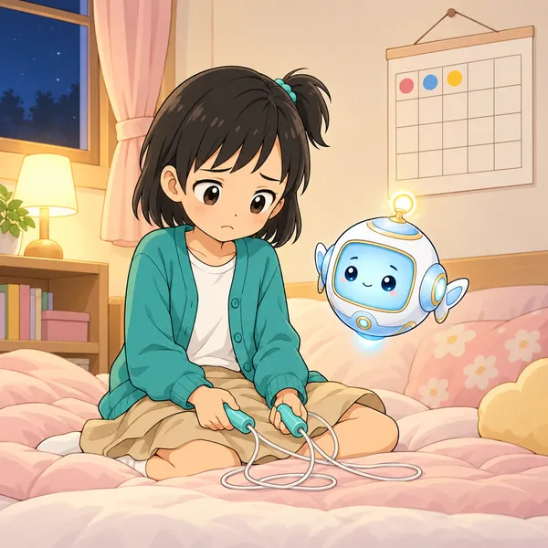 夜、ミオがなわとびを持ち、三日しか続かなかったとしょんぼりしている。