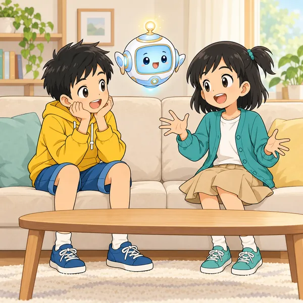 リビングのソファで、ハルとミオがお話の続きを順番に言い合い、AIロボットが楽しそうに聞いている。