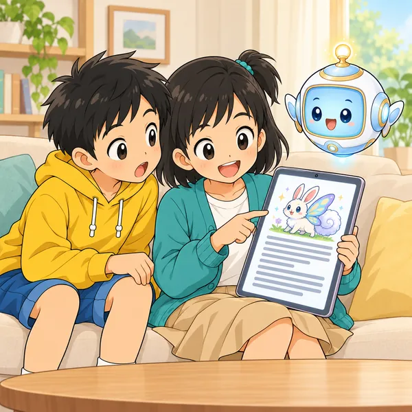 ミオがタブレットのことばのAIに質問し、すらすら出る答えにハルがおどろいている。