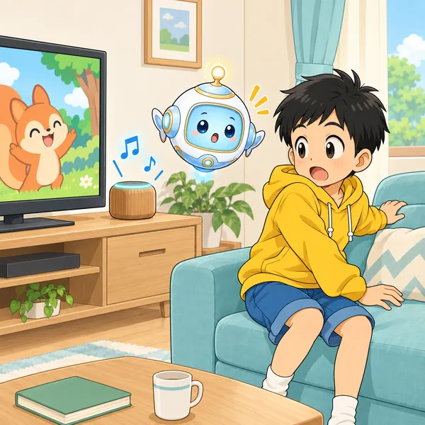 テレビの横のスマートスピーカーが光って音楽を流し、ハルがおどろいている。