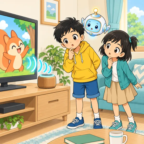 テレビのアニメの声がスピーカーに届き、ハルとミオが首をかしげている。