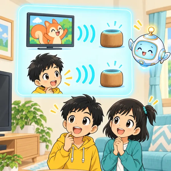 AIロボットが、テレビの声と子どもの声がどちらもスピーカーに届く絵を窓に見せている。