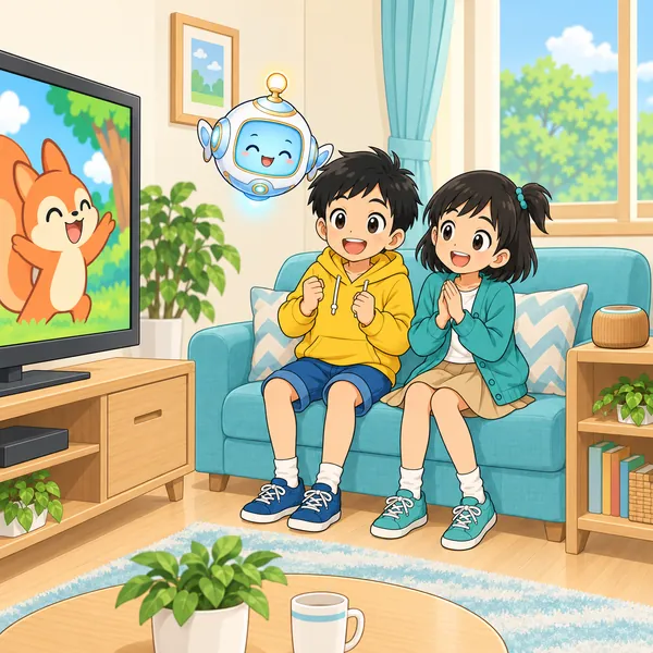 スピーカーをテレビからはなし、静かなリビングでハルとミオが笑っている。
