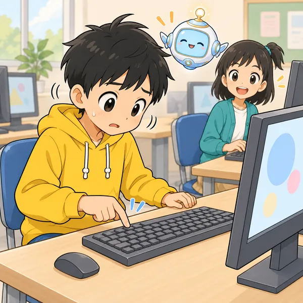 パソコン教室。ハルがキーボードを一本指で、画面と手元を何度も見比べながら打っている