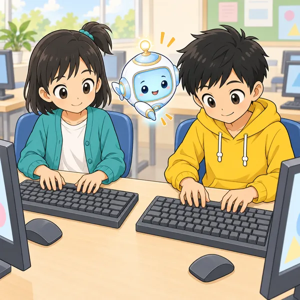 ミオとアイが、正しい指の置き方を見せている