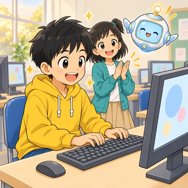 しばらく後。ハルが手元を見ずに打てるようになり、うれしそうにしている