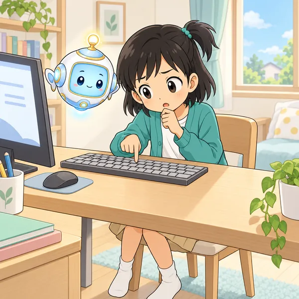 ミオが、パソコンのキーを一本指で探している。