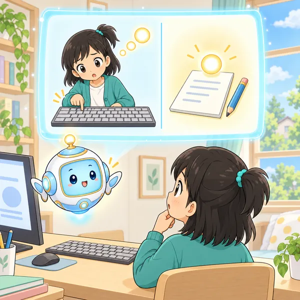 AIロボットが、考えがにげる絵と、メモにとどまる絵を見せている。