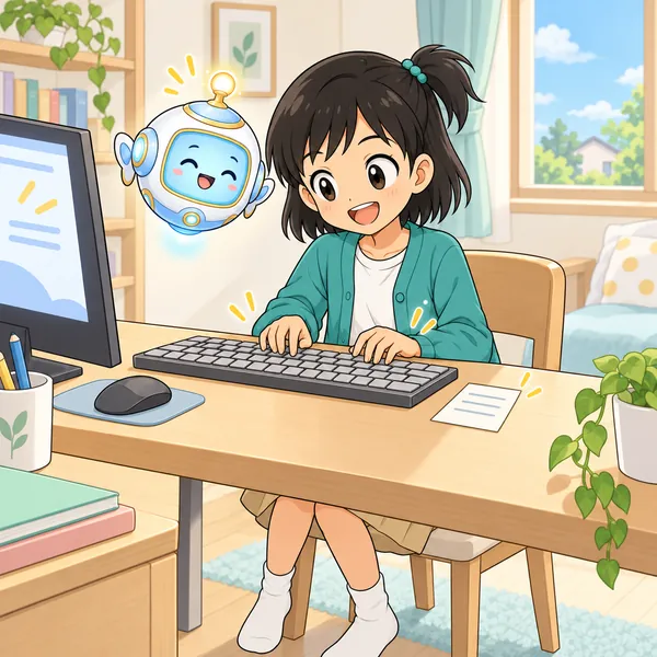 ミオがメモを見ながら、楽しそうに打っている。