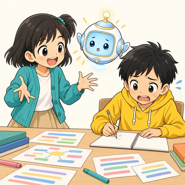 ミオが思いついたことを次々と話しているが、ハルが書き取るのが追いつかず、あわてている