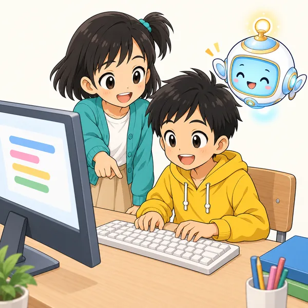 アイとミオが、キーボードで打ちながら考えをそのまま書き出すやり方を見せている