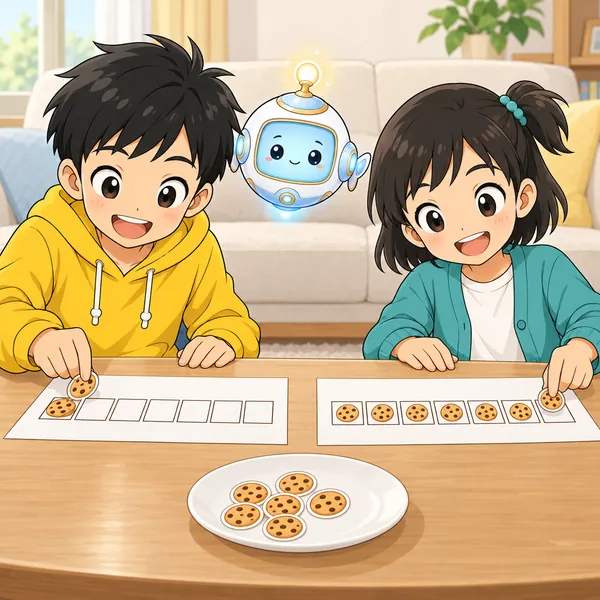 ハルとミオが、7つのマスが並んだ紙に食べたお菓子のシールをはっている。