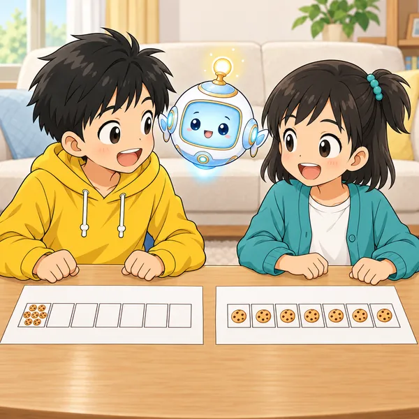 シールを数え終えたハルとミオが、同じ数だと分かって顔を見合わせている。