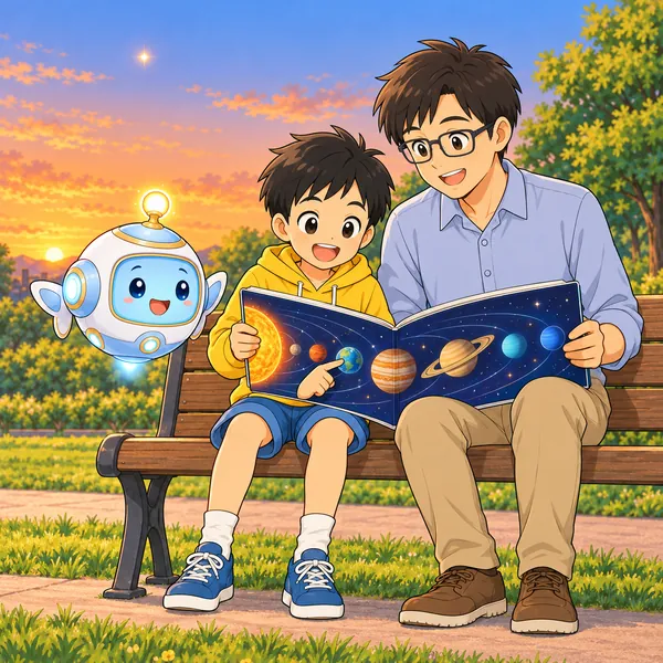 ハルと父がベンチで星や空の本を見ている。