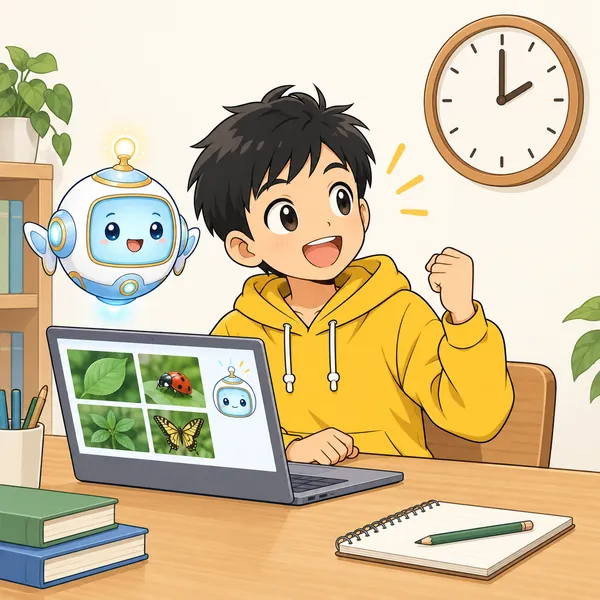 ハルが机で、AIを使って調べものを手早く終わらせ、時計を見て「早く終わった」と喜んでいる