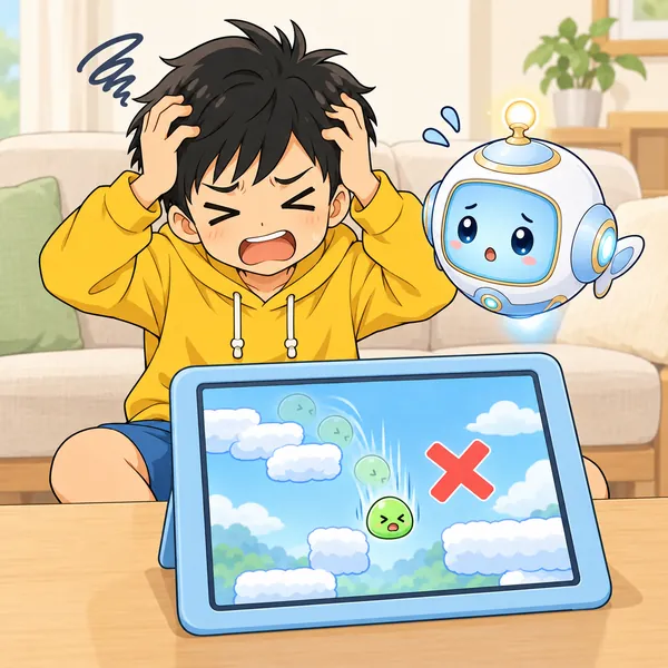 ハルが水色のタブレットのゲームで、緑色のスライムが雲の段差で何度も落ちて、頭をかかえている。