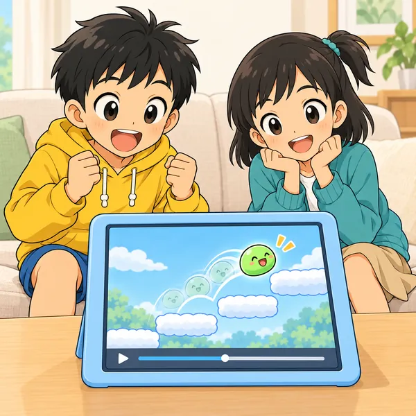 ハルとミオが、上手な人が段差をジャンプで越える動画を見て、目を丸くしている。