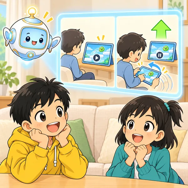 AIロボットが、見るだけの子と、まねして練習する子の絵を見せている。