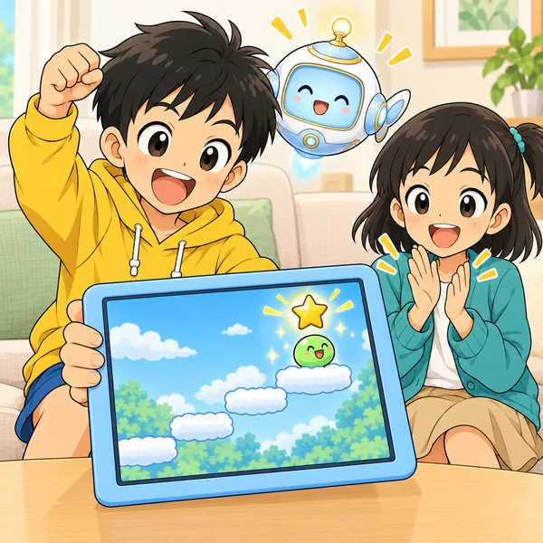 ハルのタブレットで、スライムが雲の段差を越えて星のマークが出て、ハルがガッツポーズ、ミオが拍手している。