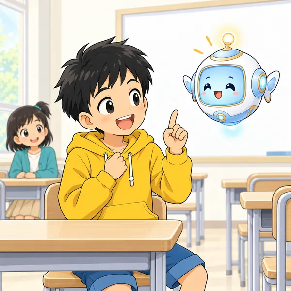 アイが浮かび、ハルにやさしく教えている