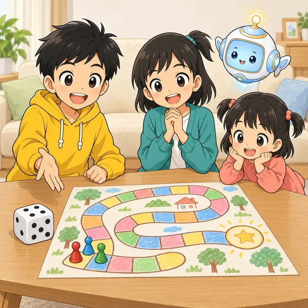 ハル・ミオ・ハルの妹が、ハルの作った手作りのすごろくを遊んでいる。