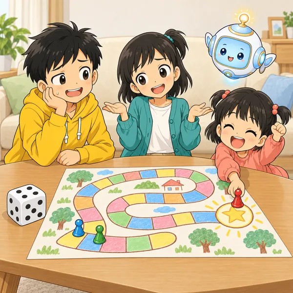さいころの目で妹がまた一番にゴールし、ハルがくやしそうに笑い、ミオが肩をすくめている。