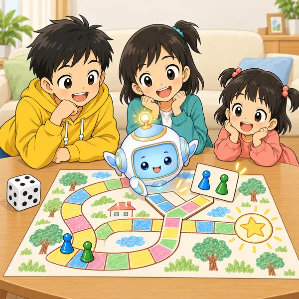 AIロボットがすごろく盤に分かれ道と選べるカードを置くのを示し、ハルとミオがのぞいている。