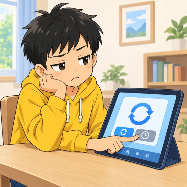 ハルがタブレットに出た更新のお知らせを見て、めんどうそうな顔で「あとで」を押している