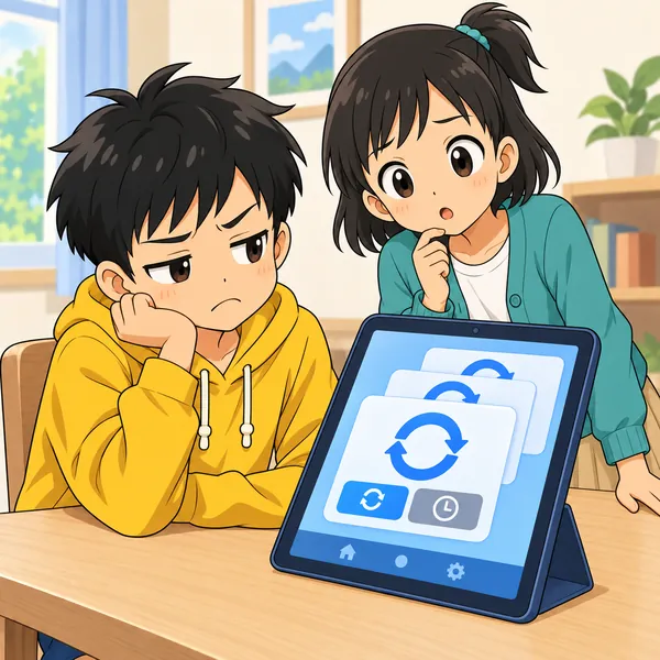 同じお知らせが何度も出て、ハルがうんざりした顔で画面を見ている