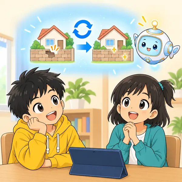 アイが浮かび、家の塀に小さな穴があいていて、更新するとその穴がふさがるイメージをやさしく見せている