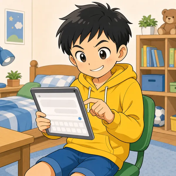 ハルが自分の部屋でタブレットを持ち、オンラインの相手に軽い気持ちで意地悪な言葉を打ちこもうとしている