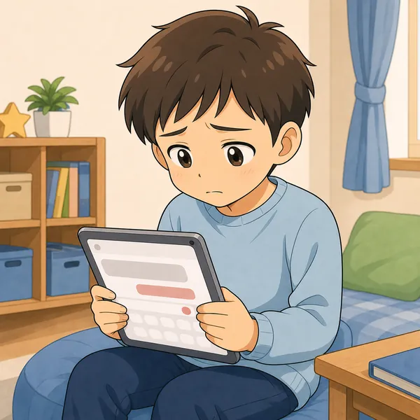 場面が変わり、その言葉を受け取った別の見知らぬ小学生の男の子が、自分のタブレットを見てしょんぼりと傷ついた表情でうつむいている
