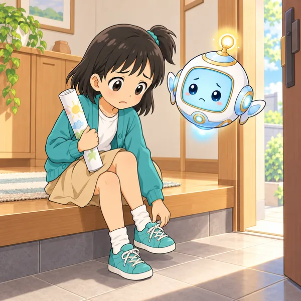 ミオが玄関で靴をはきながら、くもった顔をしている。