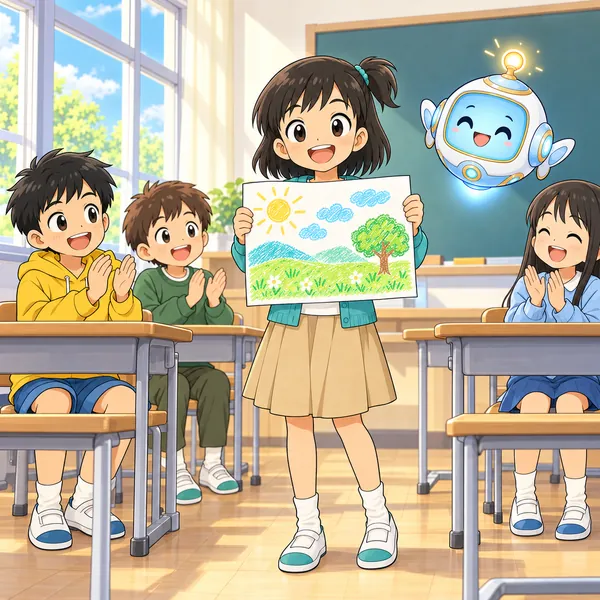 教室で、ミオが絵を見せながら発表し、ハルが拍手している。