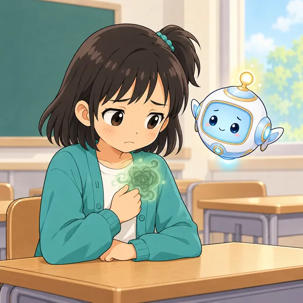 ミオが胸に手を当てて、うらやましい気持ちがいやだと下を向いている。