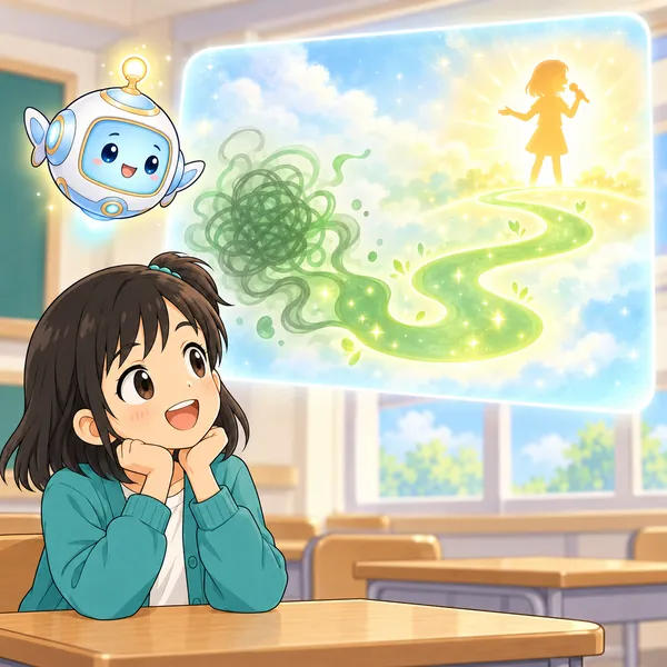 AIロボットが、もやもやがほどけて、話す子へつながる道になる絵を見せている。