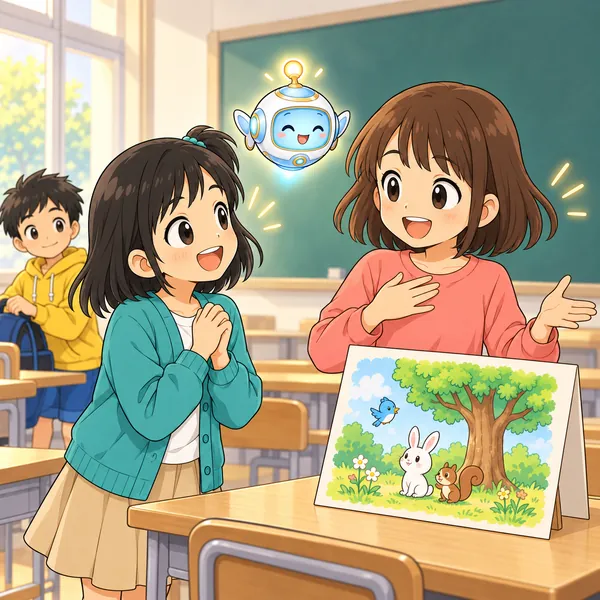 ミオが友だちに話しかけ、発表のコツを教えてもらっている。