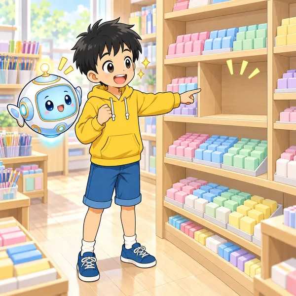 文房具店で、ハルが空になったたなを見ている。
