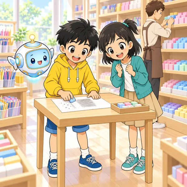 ハルがためし消しをして満足そうにし、ミオがのぞいている。
