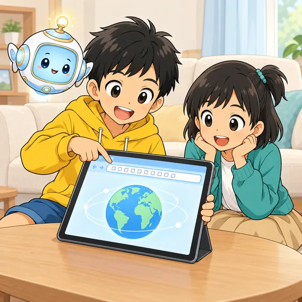 リビングで、ハルがタブレットの上の細長い入力欄を指さして首をかしげ、ミオが見ている。