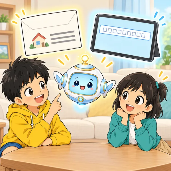 AIロボットが、封筒の住所とタブレットの入力欄の絵を並べてうかべ、ハルとミオが見比べている。