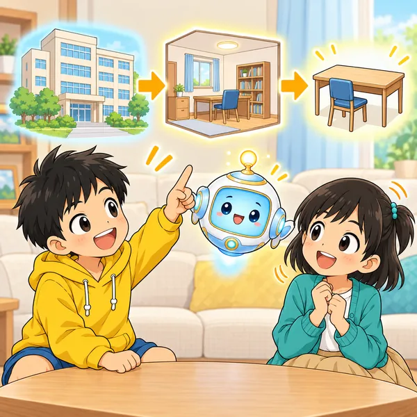 AIロボットが、大きな建物から部屋、机へと矢印でたどる絵をうかべ、ハルが指でなぞっている。