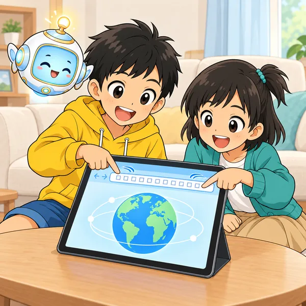 ハルとミオが、タブレットの入力欄を指でたどりながら楽しそうに話している。