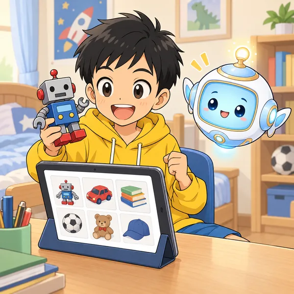 ハルが、遊ばなくなったロボットのおもちゃを持って、タブレットのフリマ画面を見てうきうきしている。
