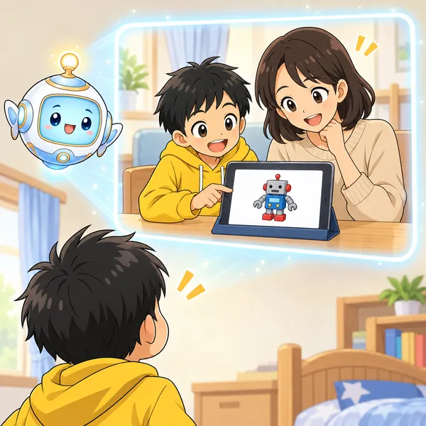 AIロボットが、子どもと大人がいっしょにタブレットを見る絵を窓にうかべている。