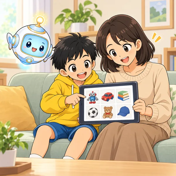 ハルとお母さんがソファにならんで、タブレットをいっしょに見て笑っている。