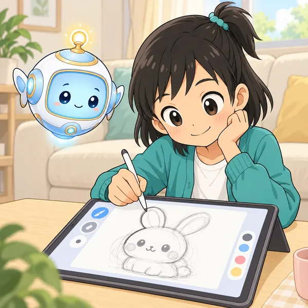 ミオがタブレットに下書きを描き、その上からきれいな線を描こうとしている。