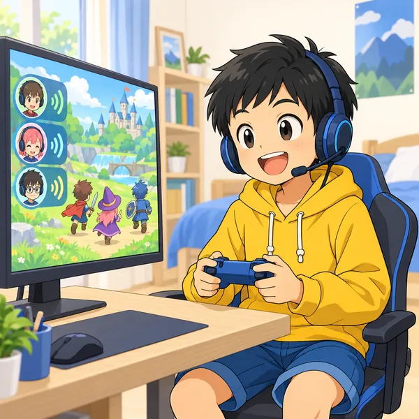 ハルがヘッドセットをつけて、オンラインのゲーム仲間と楽しそうに声で話している