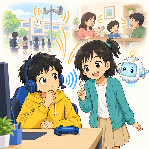 ミオとアイがそばに来て、声からも分かることがあると伝えている